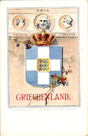 Coat of arms lithograph Greece, Zeus, Mercury, Minerva, mythology, Paul Kohl Art Publishers Chemnitz No. 11
