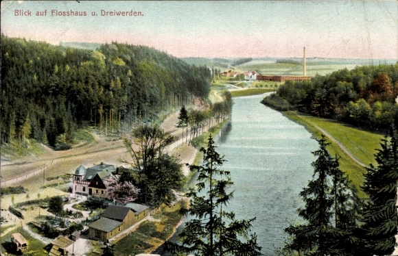 Ak Dreiwerden Rossau in Sachsen, Blick auf Flosshaus, Fluss, Wald, Himmel, historische Ansicht