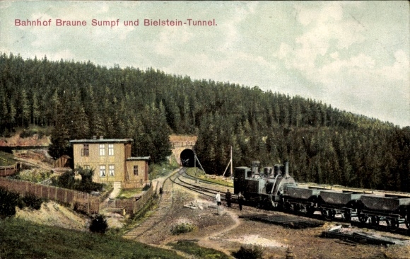 Postcard Blankenburg am Harz, Braune Sumpf station and Bielstein tunnel, Harz rack railway
