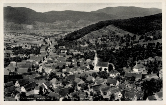 Postcard Zunsweier Offenburg in Baden Black Forest, aerial view of Zunsweier, churches, mountains, rural
