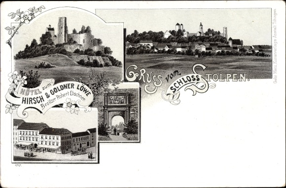 Chromo-Litho Stolpen in Saxony, Castle, Hotel zum Hirsch, Goldner Löwe, owner Robert Ebschner