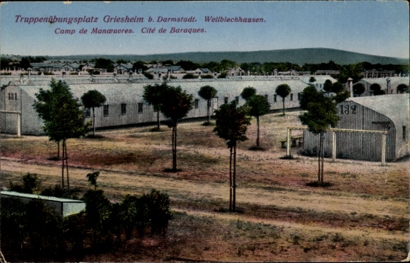 Postcard Griesheim in Hesse, Wellblechhausen, military training area, barracks