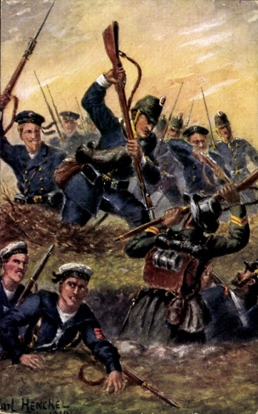 Kunstenaarsbriefkaart Henckel, Carl, Duitse marinetroepen, Engels en Belgisch, strijdtoneel, WO I
