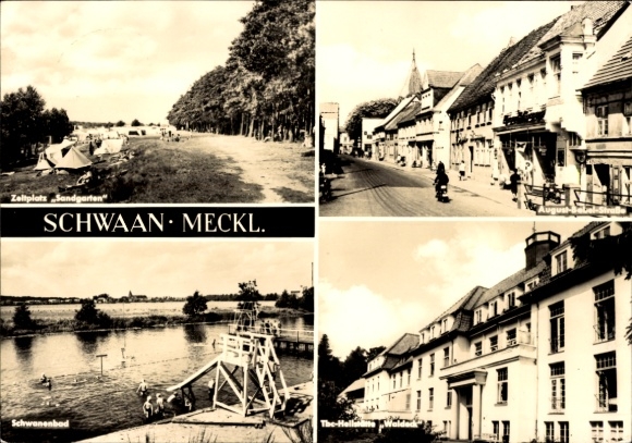 Postcard Schwaan in Mecklenburg, campsite, swan bath, building, street