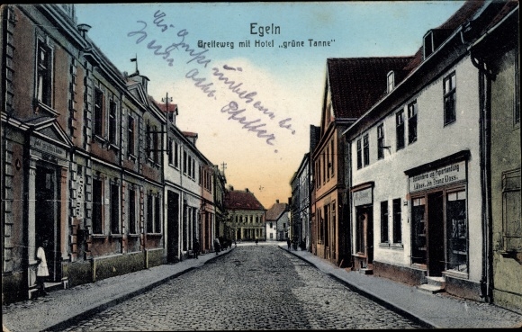 Ak Egeln im Salzlandkreis, Breiteweg, Hotel grüne Tanne, Geschäfte