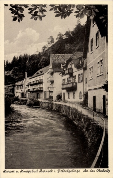 Postcard Bad Berneck Fichtelgebirge, At the Ölschnitz, houses