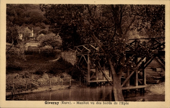 Ak Giverny Eure, Landschaft mit Fluss, Brücke, Gebäude, Bäume