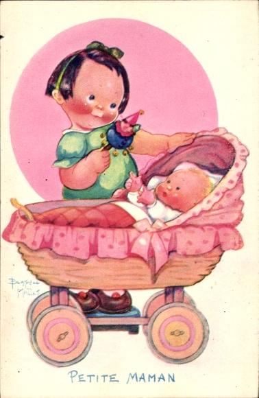 Artist Postcard Mallet, Beatrice, Petite Maman, girl with rattle, baby, stroller