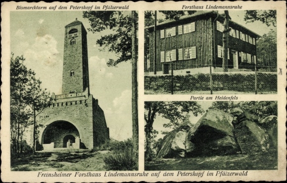 Ansichtkaart Freinsheim Pfalz-wijnroute, Forsthaus Lindemannsruhe, Peterskopf, Heidenfels, Bismarck-toren