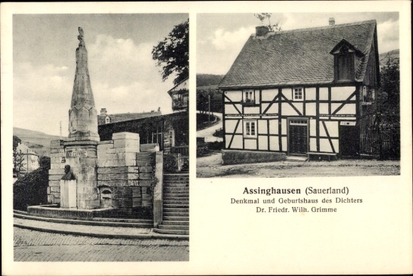 Postcard Assinghausen Olsberg in Sauerland, monument, birthplace of Dr. Friedrich Wilhelm Grimme, poet