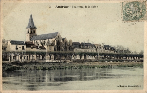 Ak Andrésy Yvelines, Boulevard de la Seine, Kirche, Flussufer, Bäume