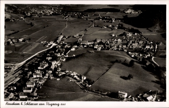 Postcard Hausham in Upper Bavaria, aerial photograph of Hausham near Schliersee, landscape, buildings