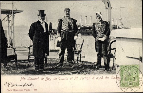 Postcard President Loubet, the Bey of Tunis and Mr. Pichon aboard the Casablanca, portrait