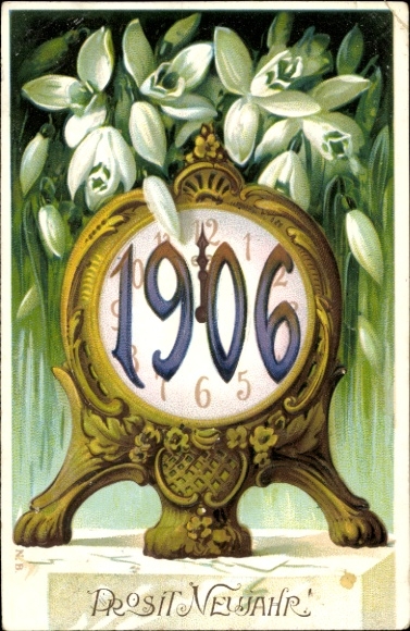 Chromo-Litho Happy New Year, clock, year 1906