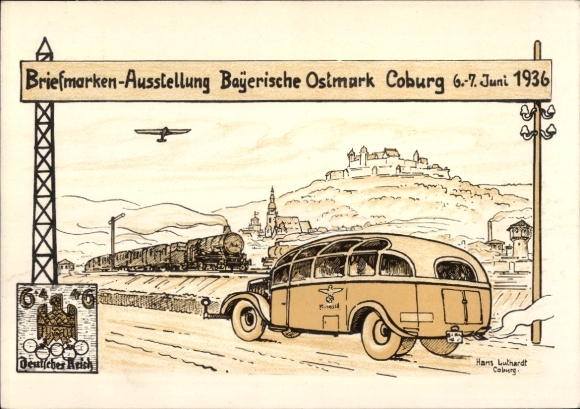 Postwaardestuk kunstenaar ansichtkaart Luthardt, Hans, Coburg Opper-Franken, Beierse postzegeltentoonstelling. Ostmark 1936