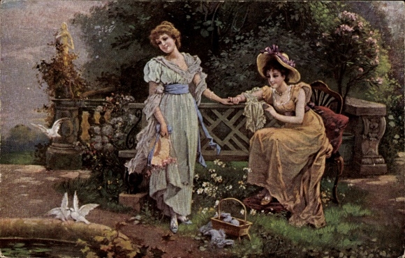 Kunstenaarskaart Zatzka, Hans, liefde voor voorouders, vrouwen in de tuin, tortelduifjes