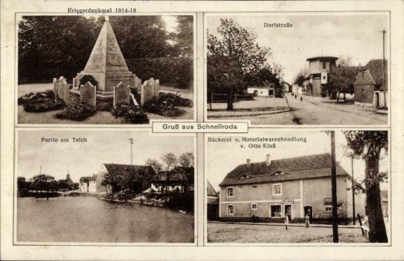 Ak Schnellroda Steigra in de Saalekreis, oorlogsmonument 1914-1918, gebied bij Telch, dorpsstraat, bakkerij