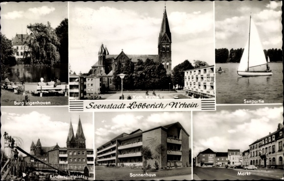Postcard Lobberich Nettetal on the Lower Rhine, Ingenhoven Castle, Catholic Church, lake, children&#39;s playground
