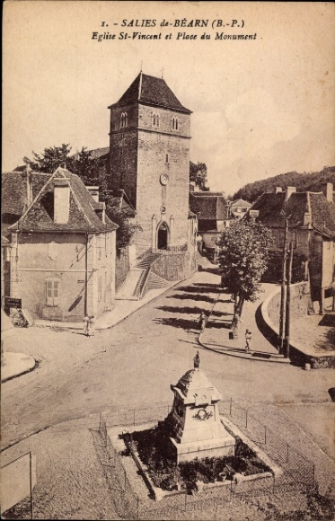 Ak Salies de Béarn Pyrénées Atlantiques, Eglise St-Vincent, Platz du Monument, Landschaft, Archit