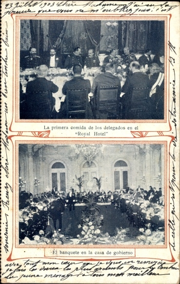 Postcard Argentina, banquet in the government building, Royal Hotel, Chilean delegates eating