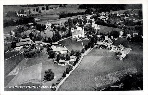 Postcard Bad Heilbrunn in Upper Bavaria, aerial photograph, Bad Heilbrunn-Isartal, rural landscape, small