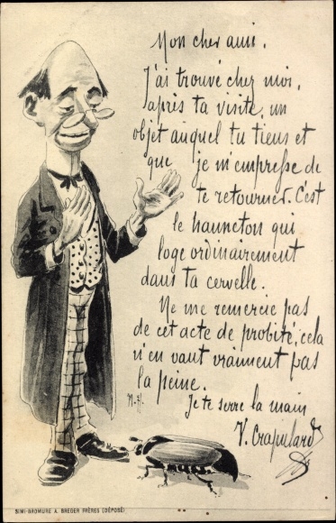 Artist Postcard Man looks at a cockchafer, caricature