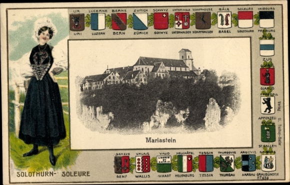 Coat of arms PC Mariastein Canton Solothurn, woman in costume, monastery, cantonal coat of arms