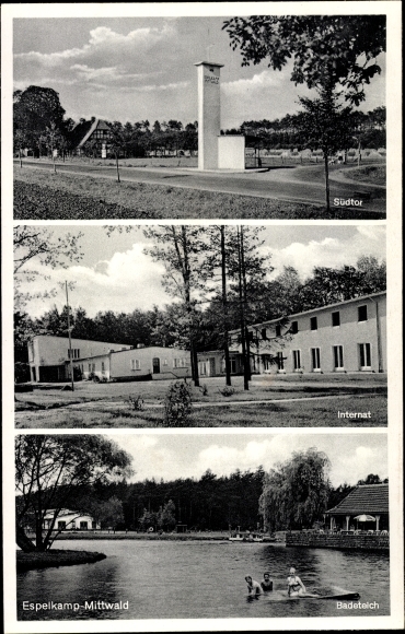 Ak Mittwald Espelkamp in Ostwestfalen Lippe, Südtor, Internat, Badeteich