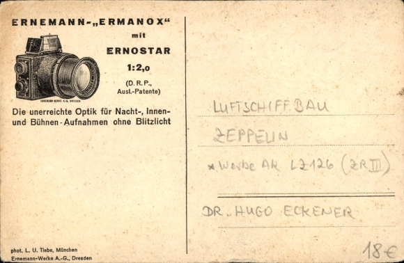 Postcard Dr. Eckener on the way to America, Ernemann-Ermanox advertising