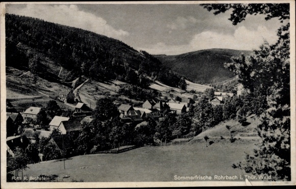 Postcard Rohrbach near Saalfeld in Thuringia, black and white photograph of a village, mountains in the background
