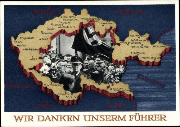Postal stationery Postcard We thank our leader, Sudetenland, Bohemia, Moravia, Hitler