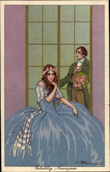 Artist PC Busi, Happy New Year, woman in blue dress, man with bouquet
