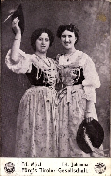 Postcard Förg´s Tiroler Gesellschaft, Two women in traditional costumes, Miss Mirzl, Miss Johanna