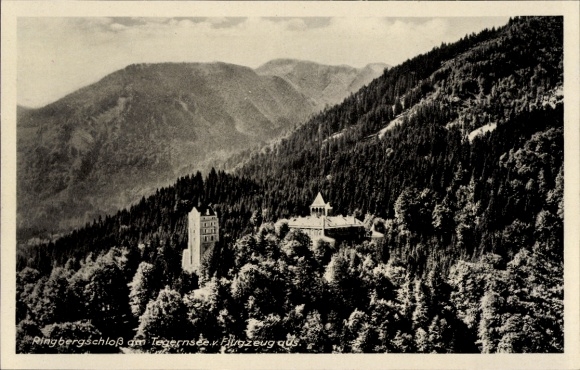 Postcard Tegernsee in Upper Bavaria, Ringberg Castle, mountains, airplane, forest