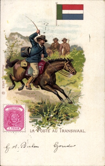Briefmarken Ak Transvaal Südafrika, Mann zu Pferde, Fahne