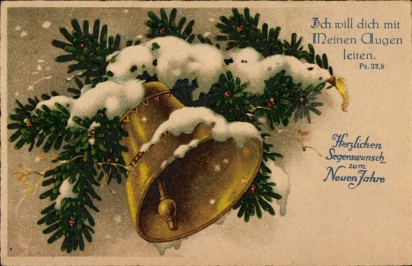 Happy New Year, bell, fir branches, quote, I will guide you with my eyes, Psalm 32:8