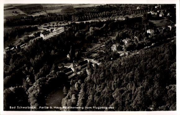 Postcard Bad Schwalbach im Taunus, aerial photograph, Haus Paulinenberg, forest landscape, airplane perspective