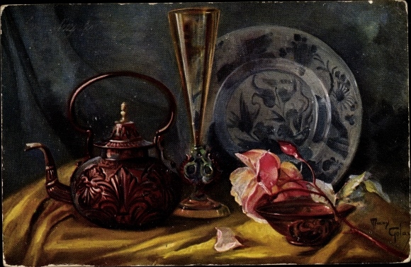 Artist PC Golay, Mary, Still Life, Teapot, Glass, Plate, Bowl