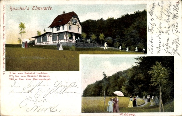 Postcard Lucklum Erkerode in Lower Saxony, Rüschers Elmwarte, walkers on the forest path