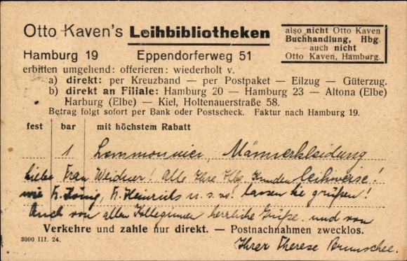 Postcard Hamburg Nord Eppendorf, Otto Kavens lending libraries