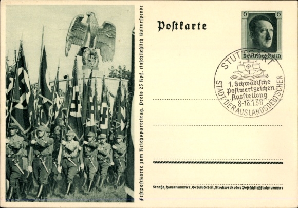 Postal stationery Postcard Nuremberg, Reich Party Rally of the NSDAP 1937, SA marching, national eagle, banner bearer