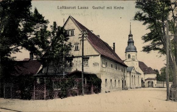 Postcard Dresden Lausa Weixdorf, inn, church, trees, historical architecture