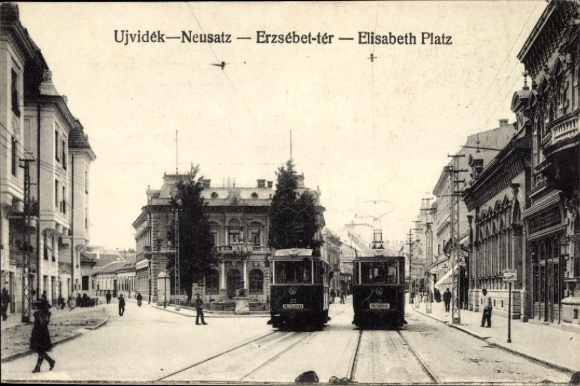 Postcard Novi Sad Újvidék Neusatz Serbia, Elisabeth Square, trams