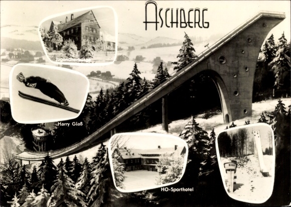 Ak Aschberg Klingenthal in de regio Vogtland in Saksen, Große Aschberg Schanze, Harry Glas, HO Sporthotel