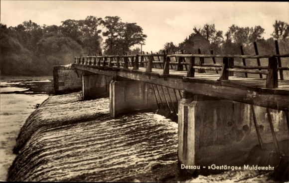 Postcard Dessau in Saxony-Anhalt, bridge, waterfall, river, Mulde weir