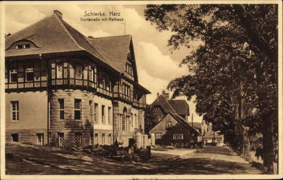 Postcard Schierke Wernigerode in the Harz Mountains, Harz, village street with town hall, old architecture, trees, street