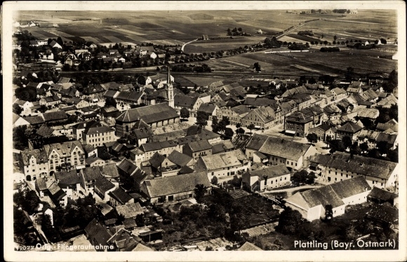 Postcard Plattling im Gäuboden Niederbayern, aerial photo of the place, church