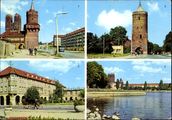 Postcard Prenzlau in the Uckermark, front: four views of towers, historical buildings, shore