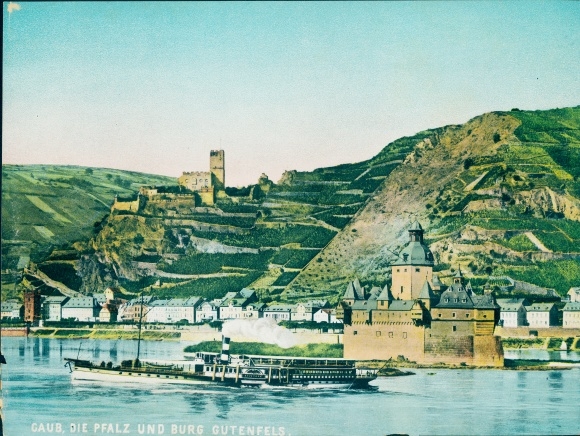 Chromo photo Caub Kaub on the Rhine, Pfalzgrafenstein Castle, Palatinate, Gutenfels Castle, Rhine steamer