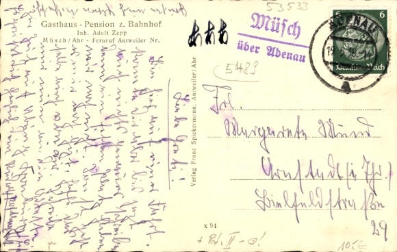 Postcard Müsch an der Ahr, Gasthaus zum Bahnhof, total view